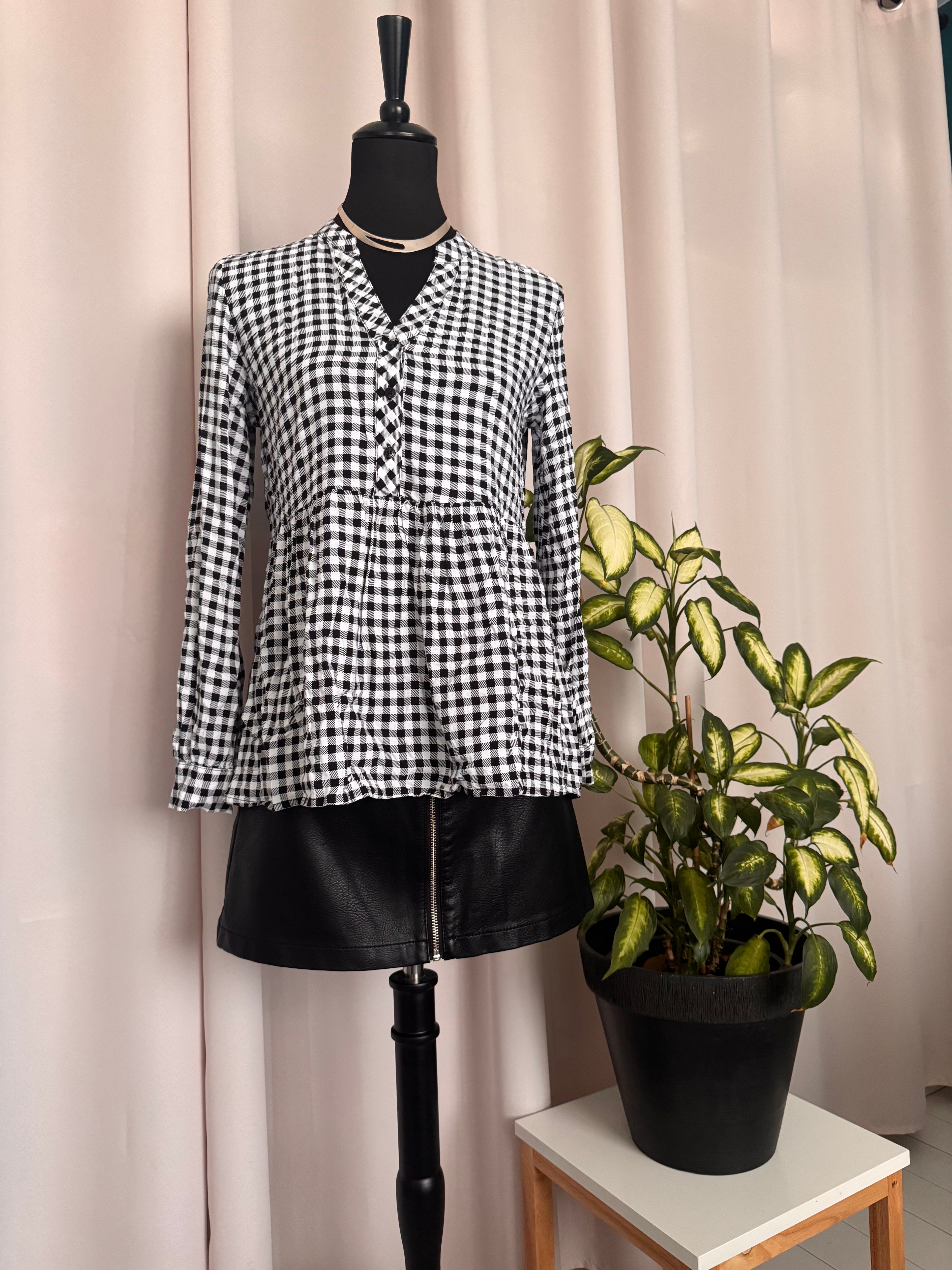 💛🌿 Blouse à carreaux vichy noir et blanc – Taille S – 100 % viscose 💛🌿