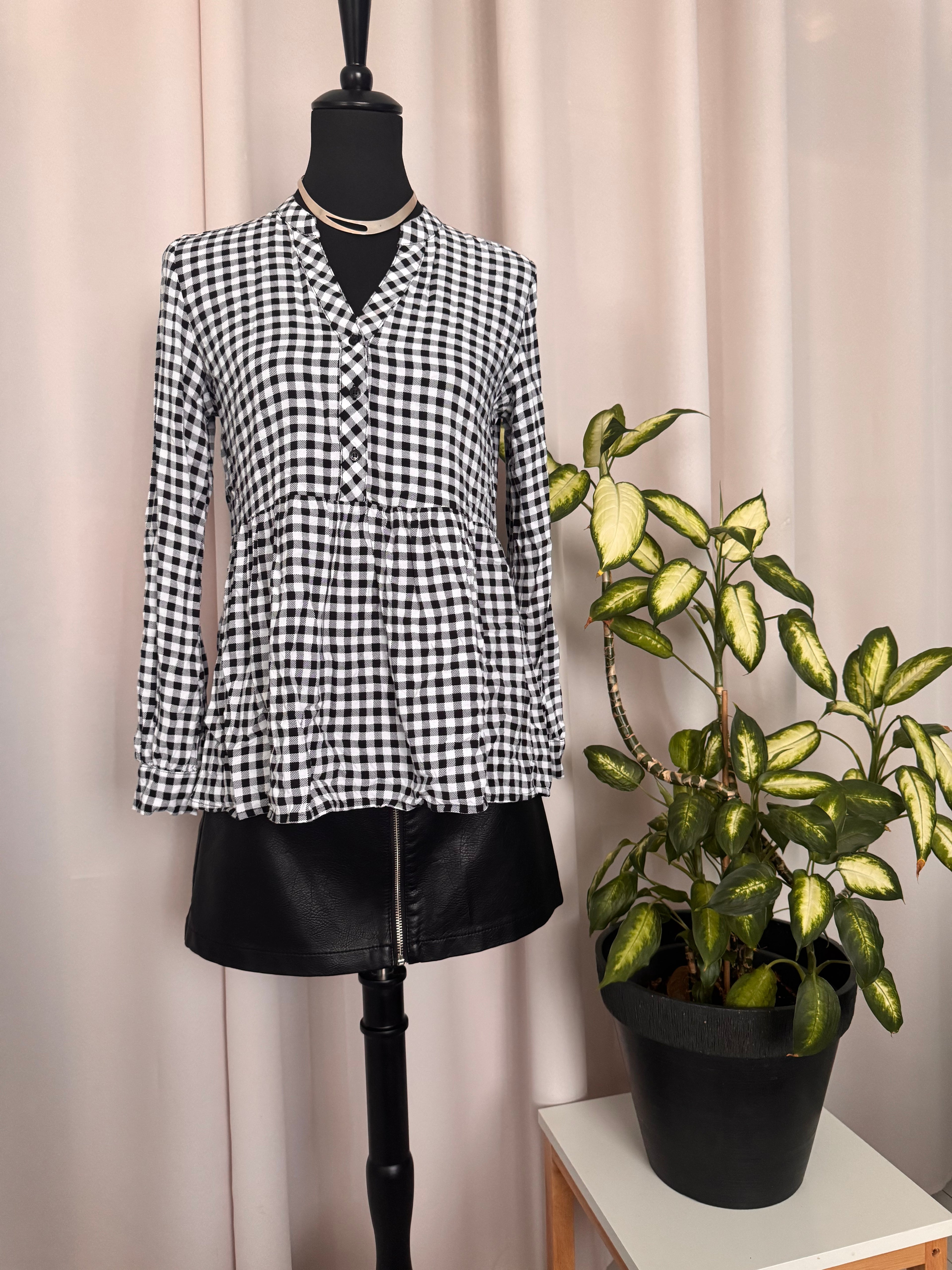 💛🌿 Blouse à carreaux vichy noir et blanc – Taille S – 100 % viscose 💛🌿