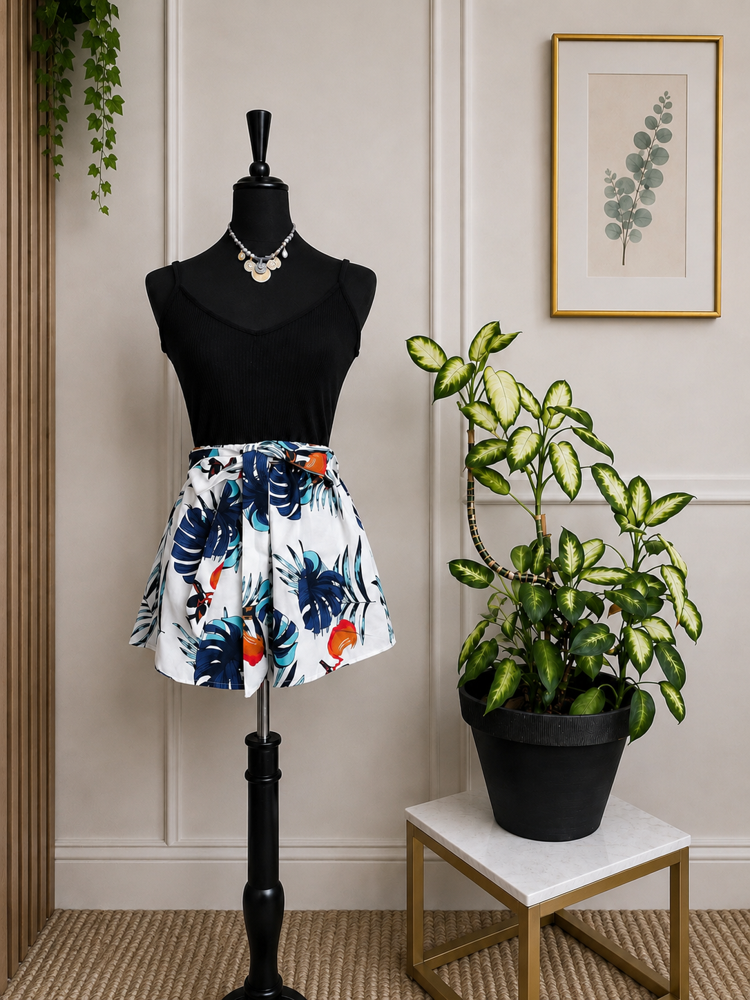 🌿 Combi-short tropicale noir et blanc – Esprit chic & estival 🌿