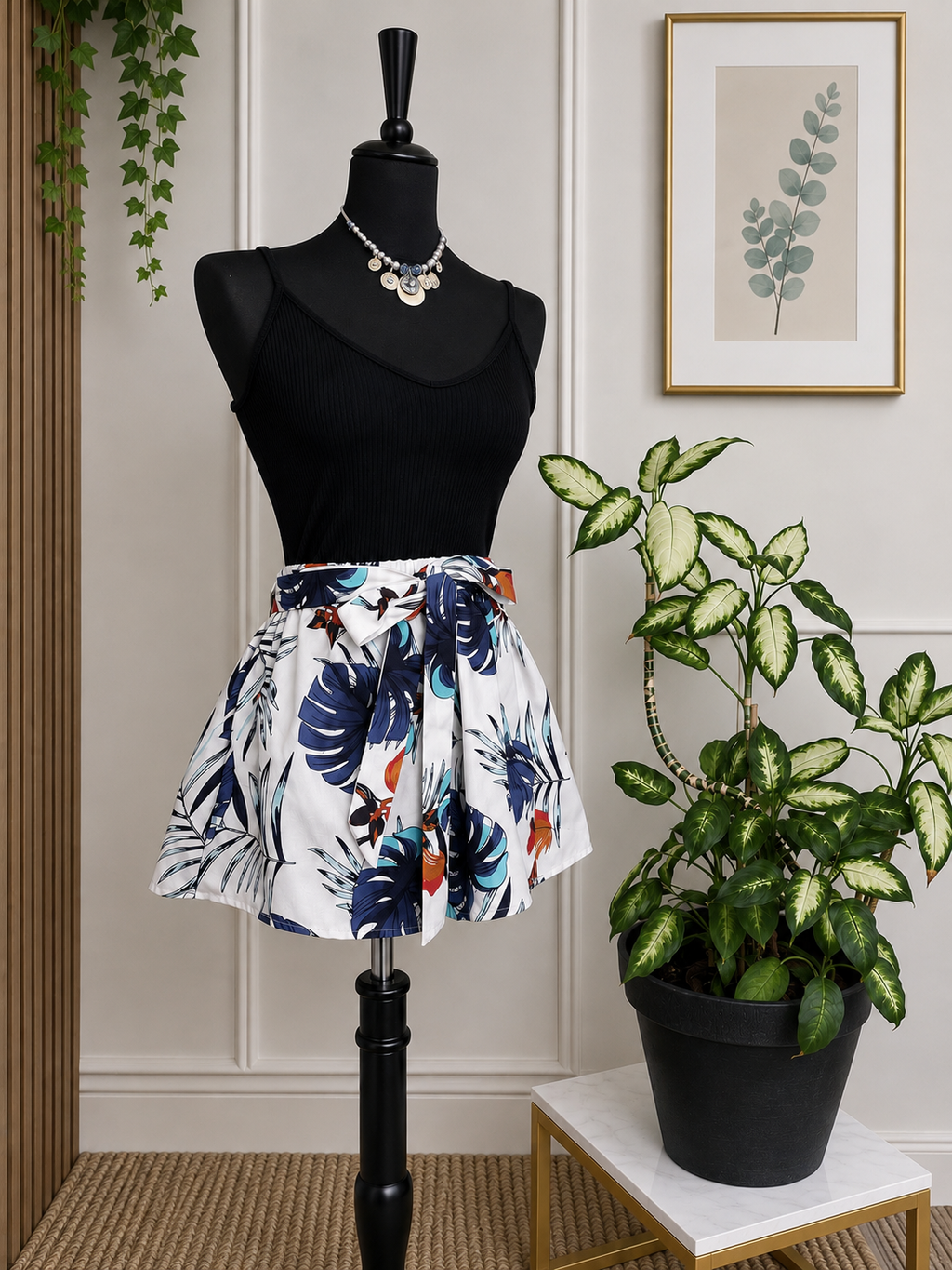 🌿 Combi-short tropicale noir et blanc – Esprit chic & estival 🌿