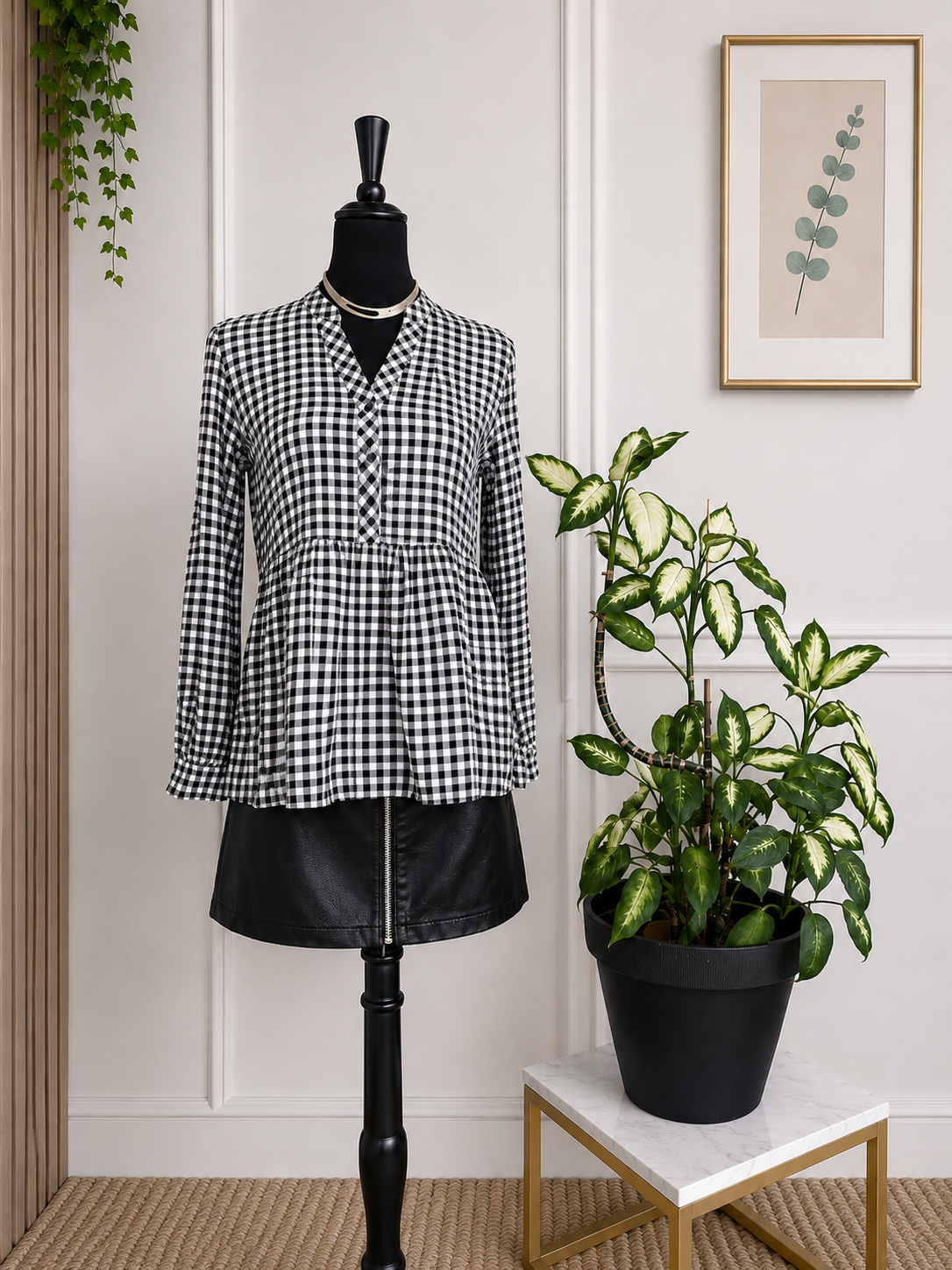 💛🌿 Blouse à carreaux vichy noir et blanc – Taille S – 100 % viscose 💛🌿