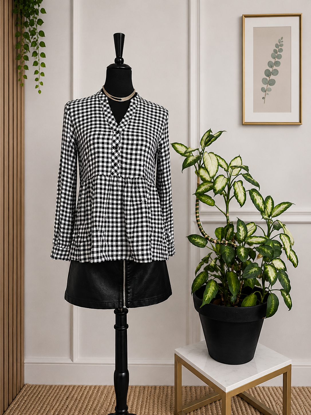 💛🌿 Blouse à carreaux vichy noir et blanc – Taille S – 100 % viscose 💛🌿