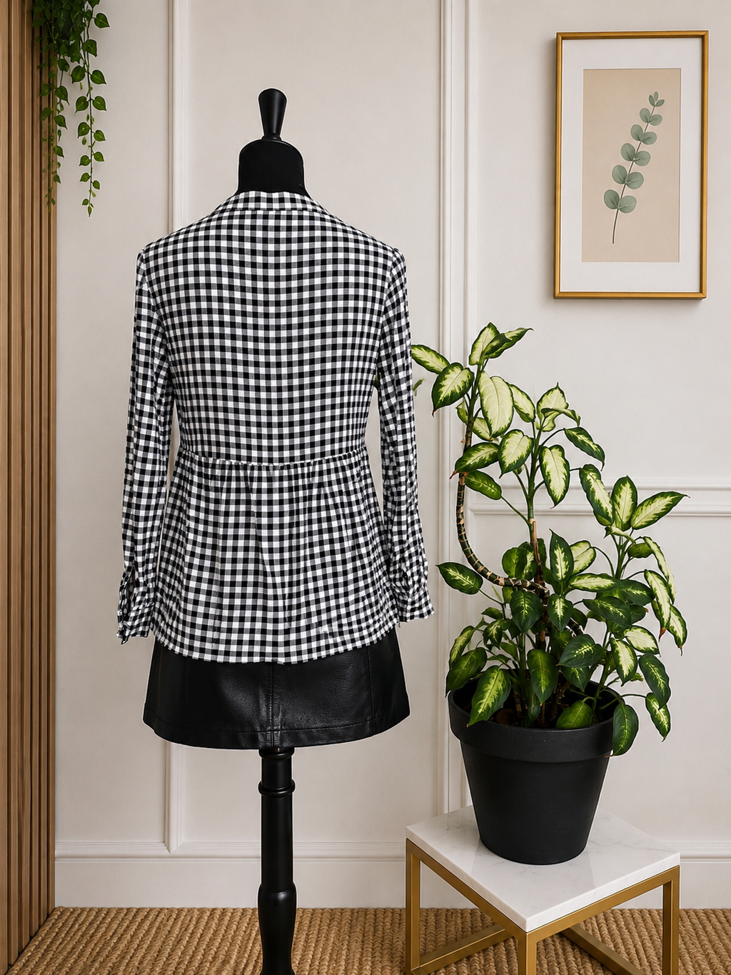💛🌿 Blouse à carreaux vichy noir et blanc – Taille S – 100 % viscose 💛🌿